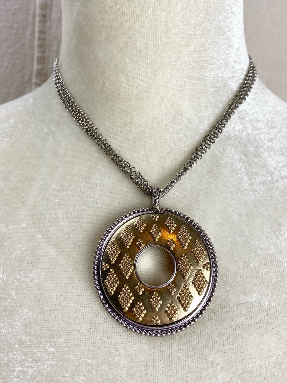 Chicos Reversible Mixed Metals Medallion Pendant Necklace with Textured Details